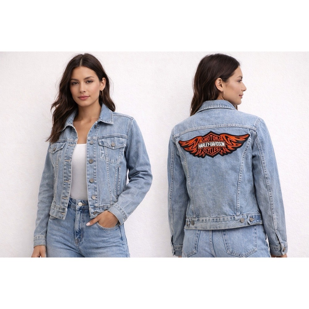NY Jeans Denim Jacket Harley Davidson Patch Light Wash Biker Trucker